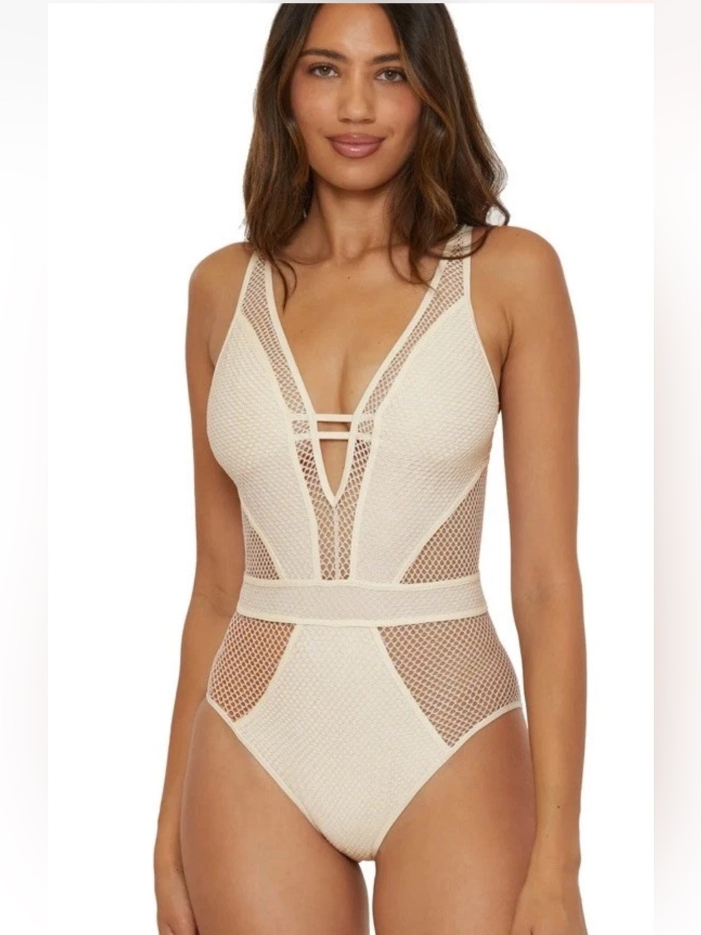 Becca Women's Network Metallic Mesh Plunge-Neck One-Piece Swimsuit NWT Large